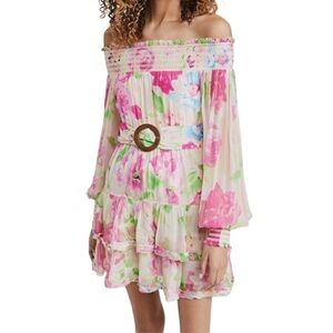 Rococo Sand Alora Mini Dress Multi Pink Floral Chiffon Off Shoulder NWT